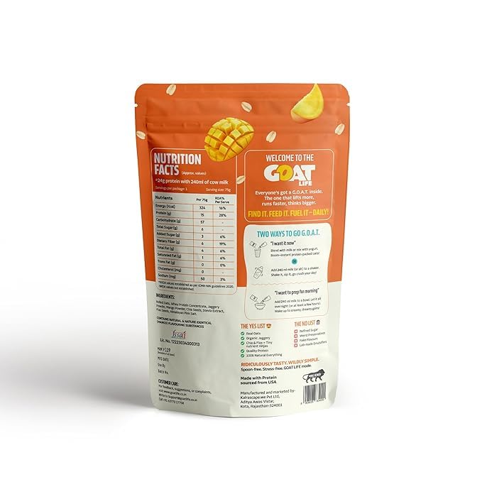 Image of GOAT Life Overnight Oats | 20g Protein | High Fibre | Nutrient-Rich | No Sugar | Gluten-Free & Vegan | Supports Weight Management & Muscle Recovery | Instant Breakfast (Mango Madness, Pack of 7)