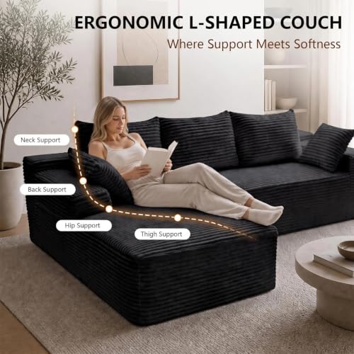 Image of 106.3 inch L Shaped Boneless Sectional Corduroy Couches for Living Room (Black)