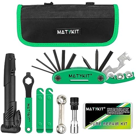 MatyKit Bike Repair Kit with Tools Bag + Bicycle Pump + Bike Multitool + Crank Extractor and Wrench + Bone Wrench + Tire Lever + Bike Glueless Patches Set Cover