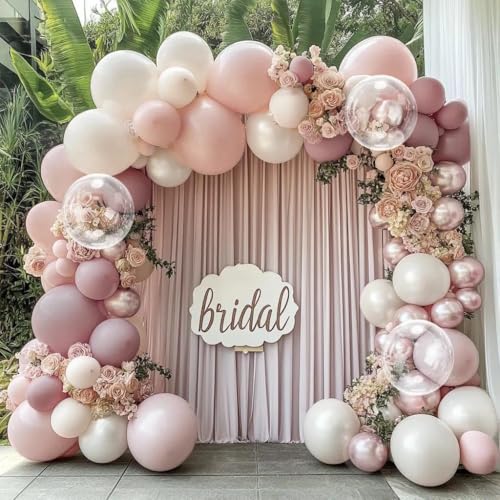 Image of Pink White Balloon Arch Double Stuffed Pearl Pink Bobo Balloons Garland for Birthday Baby Shower Bridal Shower Wedding Fairy Baptism Party Decorations