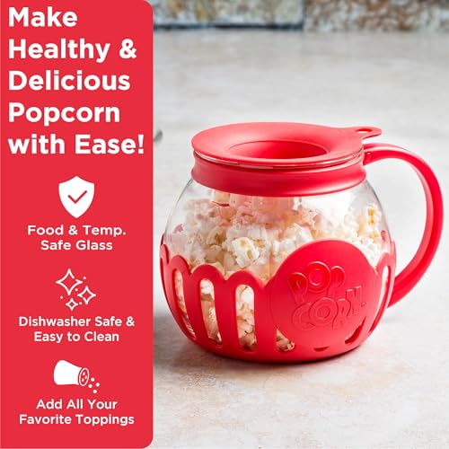 Image of Ecolution Patented Micro-Pop Microwave Popcorn Popper with Temperature Safe Glass, 3-in-1 Lid Measures Kernels and Melts Butter, Made Without BPA, Dishwasher Safe, 1.5-Quart, Red (Pack of 4)