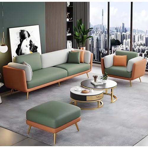 Image of Velvet Contemperory Sofa with Cushion Chaise Lounge Sectional Sofa Perfect for Living Room & Bedroom Guests Home & Office (Leather Brown + Velvet Green, 3+1+1)