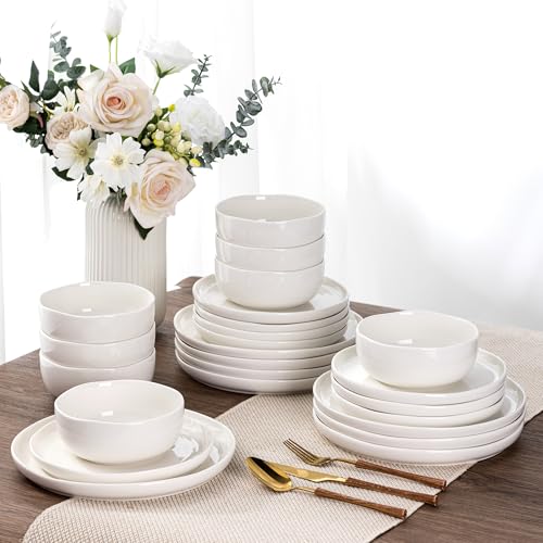 Image of LERATIO Ceramic Dinnerware Sets for 8,Handcraft Wavy Rim Stoneware Plates and Bowls Sets,Highly Chip and Crack Resistant | Dishwasher & Microwave & Oven Safe Dishes set,Service for 8(24pc)-Pearl White