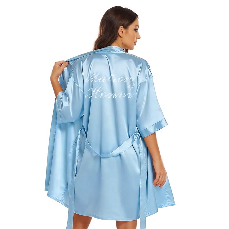 Image of Women's Bride Bridesmaid Robes Short Satin One Size Silver Rhinestones Wedding Party Getting Ready Sleepwear