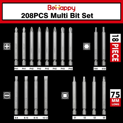 Behappy 208 Piece Screwdriver Bit Set, Impact Driver Bit Set, S2 High Grade Carbon Steel Drill Bit Set With Security Bits, Nut Drivers, Torx, Slotted, Phillips, Square, Pozi, Hex, Socket, Tools Box #TOP1