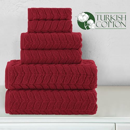 Image of Elegant Comfort Luxury 6-Piece 100% Turkish Cotton Jacquard Braided Textured Premium Hotel Quality Towel Set- Soft and Absorbent, Includes 2 Bath Towels, 2 Hand Towels and 2 Washcloths, Burgundy