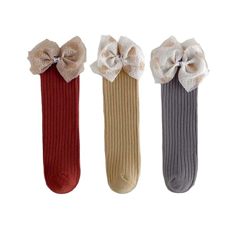 Knee High Socks for Girls, Cotton Toddler Long Stockings Princess Dress Bow Stockings 2-7 Years, 3 Pairs