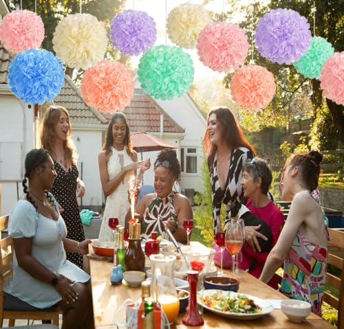 Image of 12PCS Pastel Colors Paper Tissue Pom Poms Decoration Flower Balls for Birthday Wedding Baby Shower