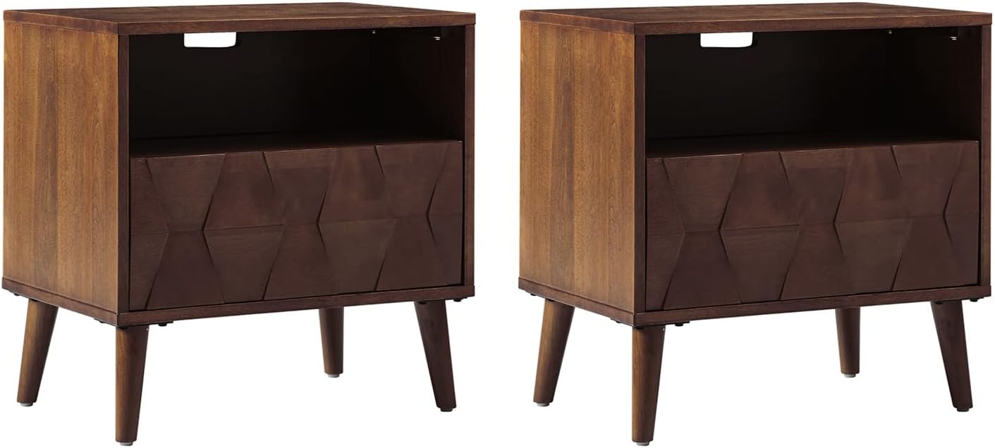 HULALA HOME Mid Century Modern Nightstand with Solid Wood Legs,Drawer Organizer with Charging Station, Geometric Pattern Nightstand Set of 2, Walnut