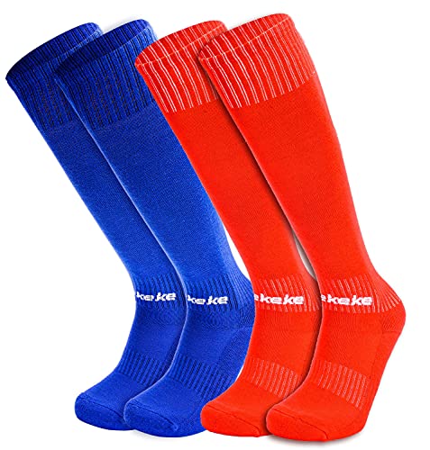 Saekeke Unisexe Chaussettes de Football Hautes Classique Respirant Élastique Entraînement Chaussettes de Sport pour Mixte Enfant, Jeunes, Adultes Bleu+Rouge-L Cover