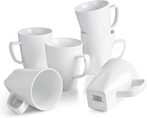 WishDeco White Coffee Mugs Set of 6, Ceramic Coffee Cups 14 oz, Modern Tea Mugs, Porcelain Tea Cups, Large Mug for Latte, Cappuccino, Milk, Juice, Cocoa, Square Bottom, Microwave and Dishwasher Safe
