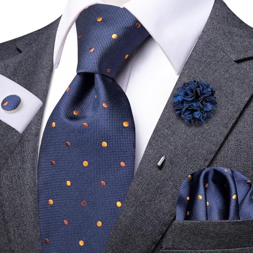 Image of Dubulle Mens Blue Orange Dots Tie and Lapel Pin Striped Floral Necktie for Men Pocket Square Cufflinks Wedding Party