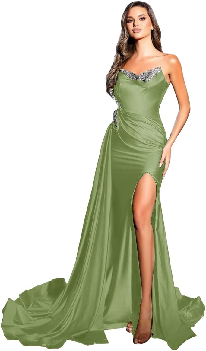 Women's Satin Prom Dresses Mermaid Long Formal Dress Beaded Sleeveless Evening Ball Gowns with Slit