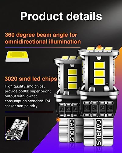 Luyed 912 921 Led Bulbs Reverse Lights Xenon White 500 Lumens Extremely Bright Canbus Error Free W16W T15 906 3030 20-Ex Chipsets With Lens For Backup Lights, Pack Of 2 #TOP1