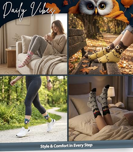 Image of Unisex Family Owl Socks - 5 Pairs Cotton Crew Socks in Gift Box for Men, Women & Kids - Fun, Colorful Owl Design, Soft & Breathable, Comfortable for Everyday Wear - US Sizes 5-8