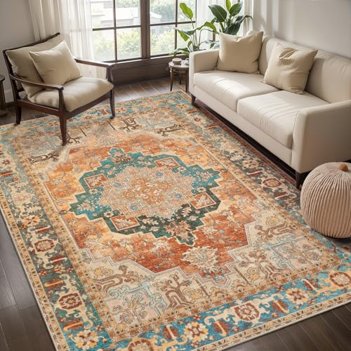 Image of Tangsoo Orange 5x7 Washable Area Rugs for Living Room, Vintage Non Slip Rug