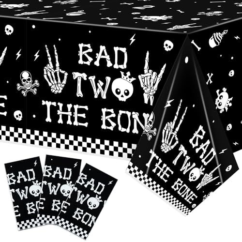 Image of K1tpde 3PCS Bad Two The Bone Party Tablecloth for Kids, Music Themed 2nd Black Plastic Tablecloth, Rock and Roll 2nd Disposable Table Covers for Birthday Decoration, Skeleton Party Supplies