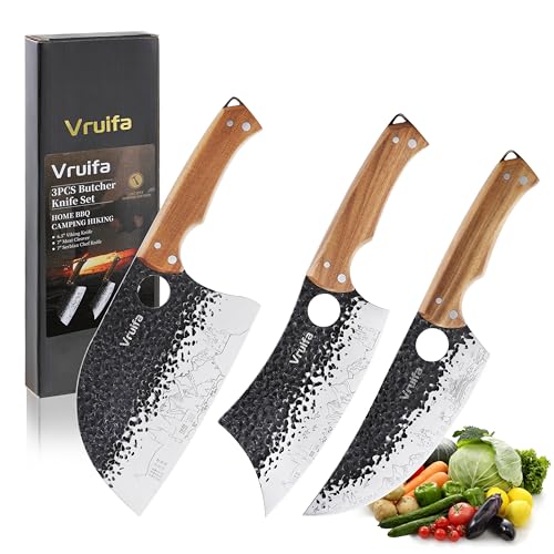 VRUIFA 3 PCS Butcher Knife Set (Serbian, Meat Cleaver, Viking), Hand Forged with Premium Stainless