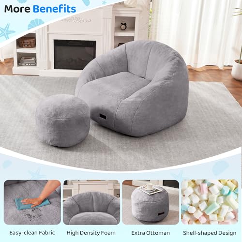 Image of HABUTWAY Bean Bag Chair, Giant Bean Bag Chairs for Adults with Ottoman, Comfy Faux Fur Shell-Shaped Bean Bag Couch, Sofa Chair for Living Room, Bedroom, Grey