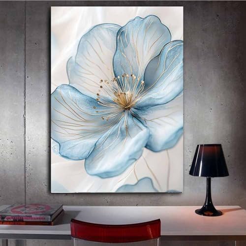 Tableau decoration murale fleurs bleu clair or salon