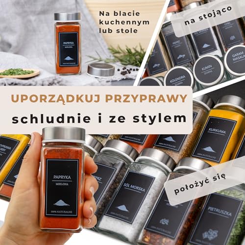 Comforder 24 słoiki na przyprawy 120ml, 336 polskich etykiet (Metal) | 2 regulowane młynki, 36 pokrywek z sitkiem, marke