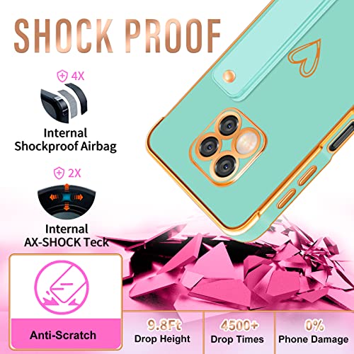 Likiyami (3In1 For Motorola Moto G Power 2021 Case Heart Women Girls Girly Cute Luxury Pretty With Stand Phone Cases Mint Green And Gold Love Hearts Aesthetic Cover+Screen+Chain For G Power 2021 6.6" #TOP5