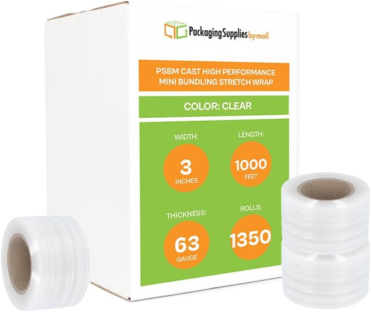PSBM 18 Rolls 3 Inch x 1000 Feet 45 Gauge Mini Stretch Film/Wrap with Plastic Handle, Industrial Strength Clear Shrink/Plastic Wrap for Moving, Packing, Shipping, Bundling & Storage