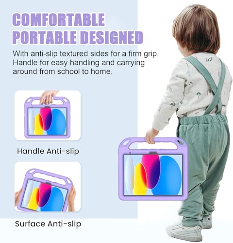 Surom Kids Case for iPad (A16) 11th Generation (11-inch, 2025)/iPad 10th Generation (10.9-inch, 2022), with Built-in Screen Protector, Shockproof Light Weight Handle Stand Case for Kids, Light Purple - Image 5