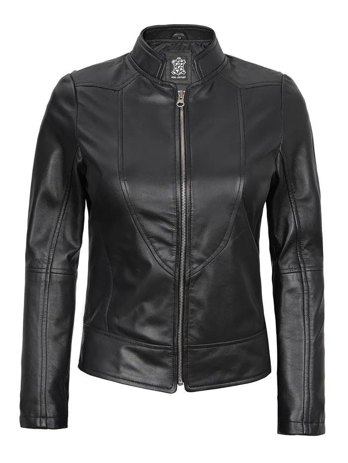 Womens Biker Leather Jacket- Real Lambskin - Cafe Racer Style Jacket For Womens3