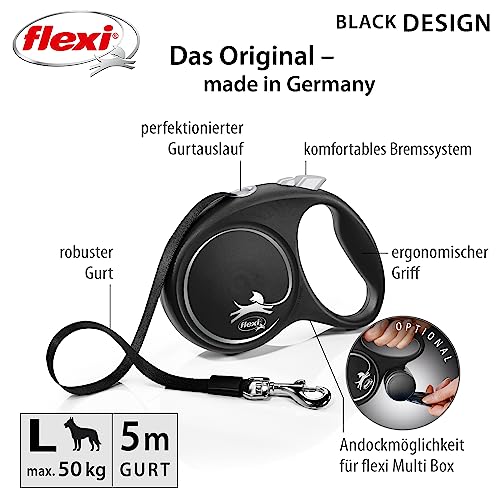 flexi® Black Design L Gurt 5 m schwarz/Silber, Roll-Leine für Hunde bis 50 kg