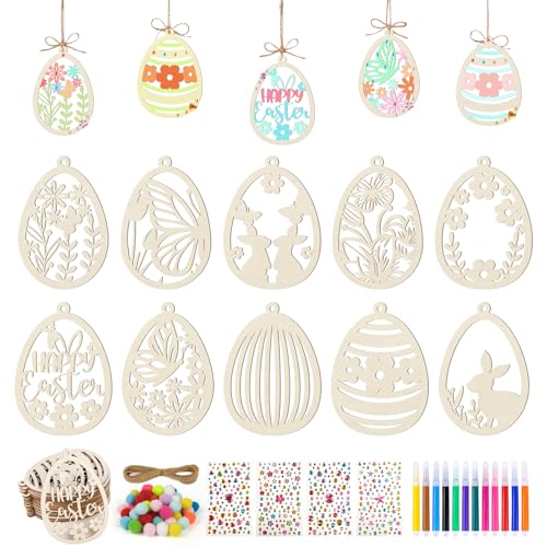 ARTREE Conjunto de artesanato de Páscoa para crianças, pingentes de madeira para pintar, 30 unidades, decoração de Páscoa e decoração de primavera, conjunto de trabalhos manuais com lápis