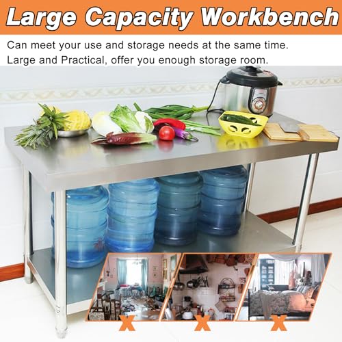Tavolo da lavoro in acciaio inossidabile, tavolo da cucina a 1 piano con piano di lavoro spesso 7 cm, postazione di lavoro per officina, lavanderia, garage