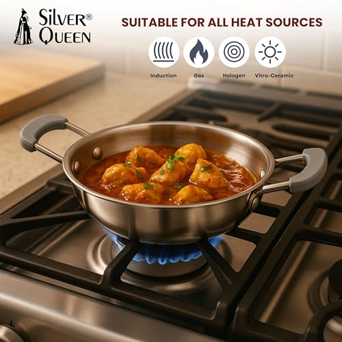 Image of Silver Queen Triply Stainless Steel Mini Kadhai 12 cm (0.35 L) with Silicone Handles | Triply Steel Kadai for Cooking | Durable Small Kadhai for Everyday Use, Cute kadai
