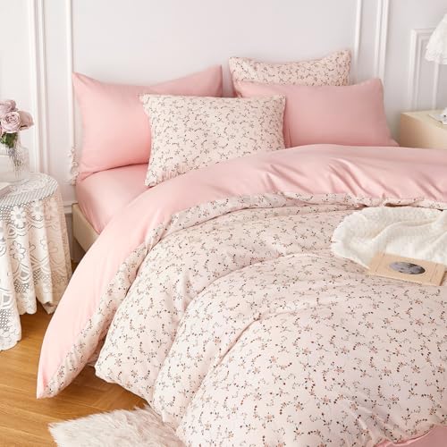 Image of Wake In Cloud - Floral Comforter Set, Coquette Cottagecore Aesthetic Cute Flower Pattern for Women Teen Girls, Soft Lightweight Dorm Bedding, 3 Pieces, Dusty Pink, Queen Size