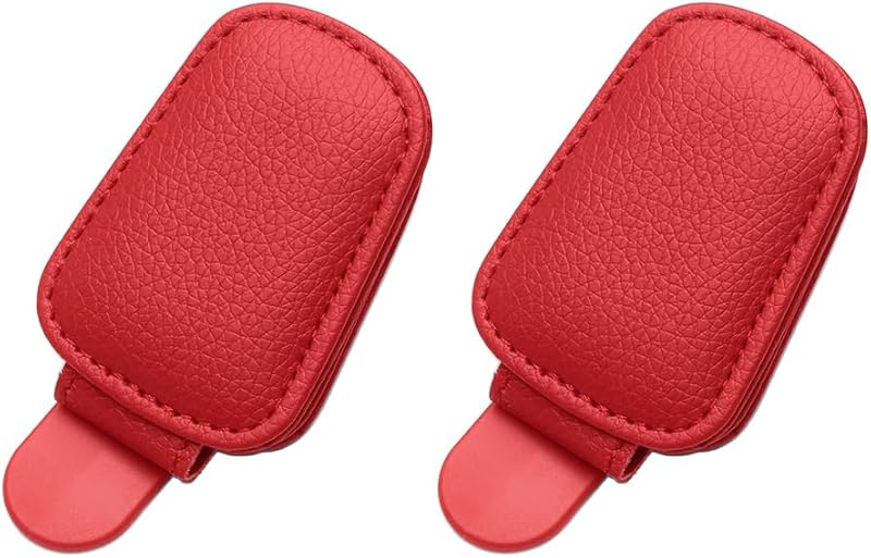 Porta-Óculos Magnético para Para-Sol de Carro em Couro Sintético Vermelho MAXRILY, Kit com 2