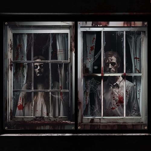 Lot de 2 images de fenêtre d'Halloween - Décoration d'extérieur et d'intérieur - Rideau effrayant - 120 x 80 cm - Décoration de fenêtre effrayante - Décoration de porte - Accessoire de fête