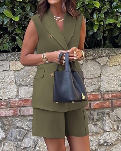 Women Summer 2 Piece Outfits Casual Sleeveless Blazer Vest Shorts Sets Double Breasted V Neck Office 2 Piece Set4
