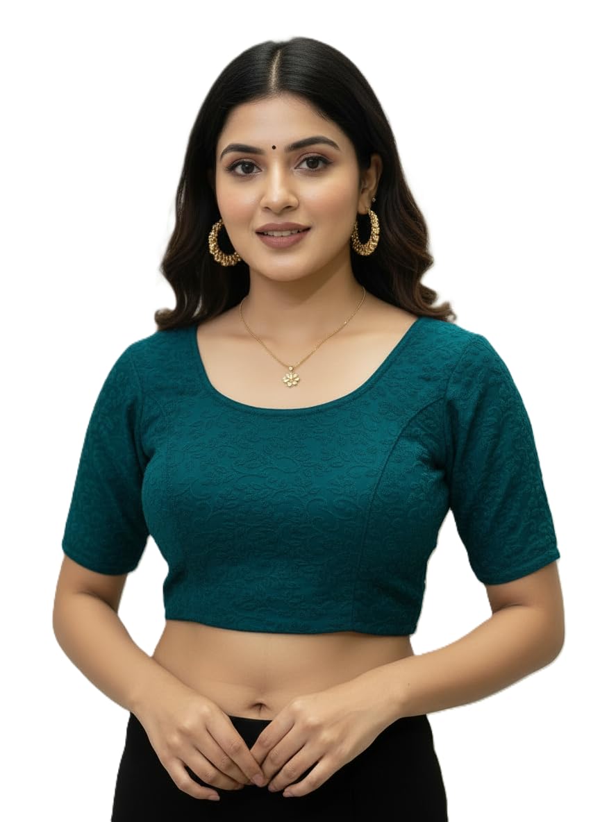 Sanmati Stylish Lycra Roundneck Stretchable Blouse for Women | Short Sleeve Non-Padded Pullover | Lycra Saree Top | Jacquard Blouses-image-47