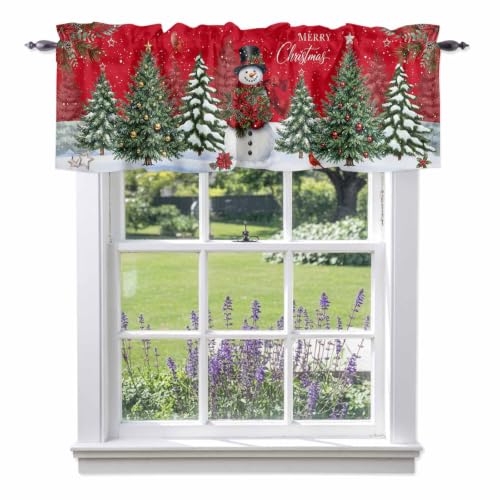 Christmas Snowman Valance Curtains, Winter Floral Snowfall Pine Trees Dark