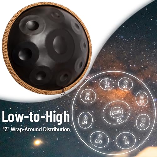 Handpan Drum for Beginners, 22 Inch D Minor Kurd 9 Notes - 440Hz Hand Drum Set for Music Therapy, Meditation & Outdoor Performances (Black)