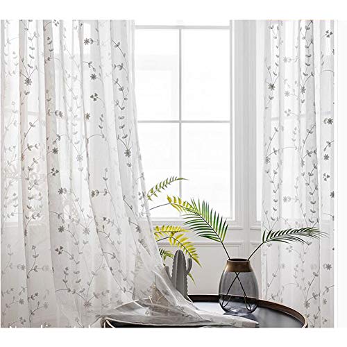 Cortina blanca para dormitorio OKUOKA con bordado floral que ilumina tu salón de forma suave 2