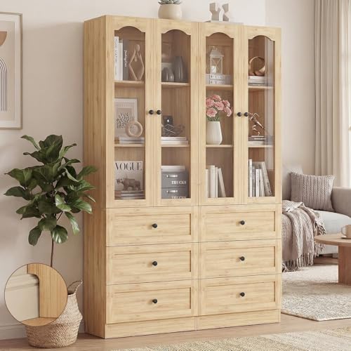 Cyclysio 80" Tall Bookcase with 3 Drawers, 2 Set Wooden Bookcase with Glass Doors & Adjustable Shelf, Built-in Baseboard Notch - Modern Bookshelf with Arched Doors for Office, Kitchen, Natural Oak