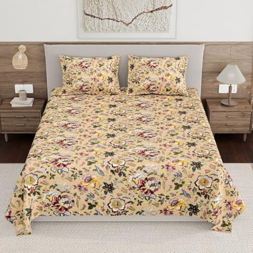 Image of Living Roots Ethnic Jaipur Block Print Double Cotton Bedsheet & 2 Pillow Covers, for Mattress Upto 6 inches Thick, No Colour Bleeding, Yellow Colour, King Size 90 * 108 inches, 120TC (616-B)