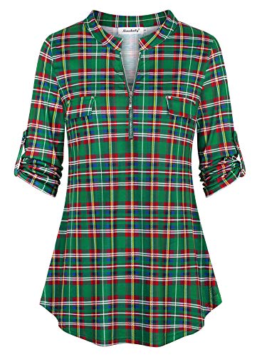 Ninedaily Women's 3/4 Sleeve Roll up Shirts Zip Floral Casual Tunic Blouse Tops,Green Plaid Size XXL