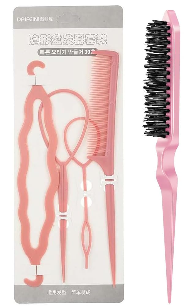 4Pcs Frech Braid Maker Hair Tail Tools, Hair Braid Bun Maker Accessories Ponytail Maker, French Braid Tool Loop for Hair Styling with Hair Teasing Brush