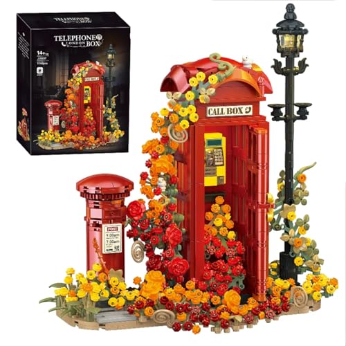 Miabrixbrix London Retro Red Telephone Booth Architecture Set with LED Lighting, Creative Flores Phone Box for The Office and Home Set, Adult Collector Decor 1142pcs