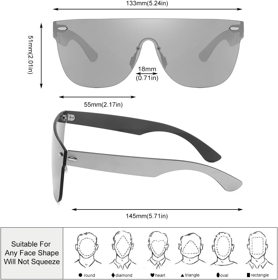 Rimless Sunglasses For Women Men One Piece Square Oversize Mirror Lens Anti Reflective - Image 4