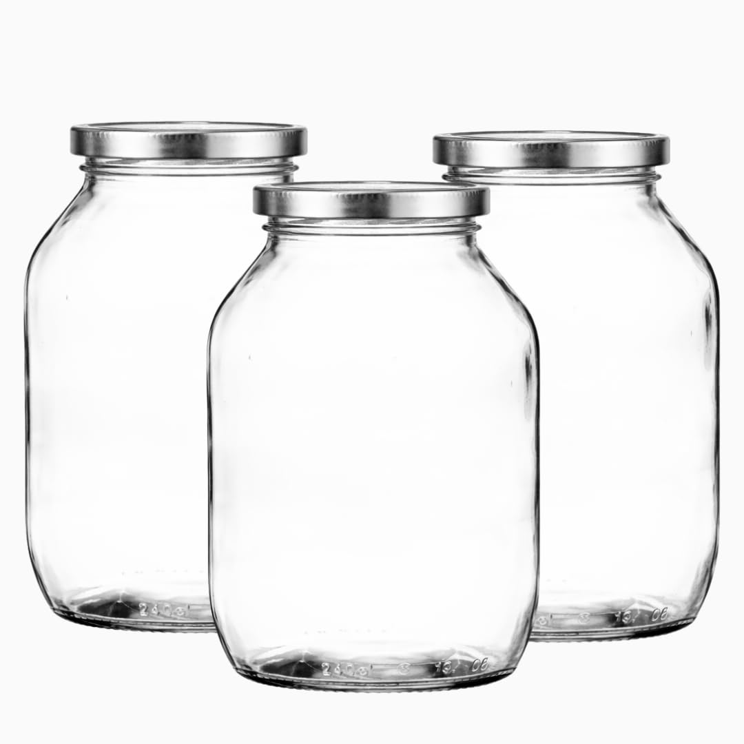 Half Gallon Glass Pickle & Fermenting Jar (2.27L) | Packs of 3-100 with Gold, Black or Silver Twist-Off Lids | Large Airtight Preserve Jars | J&B (3, silver)