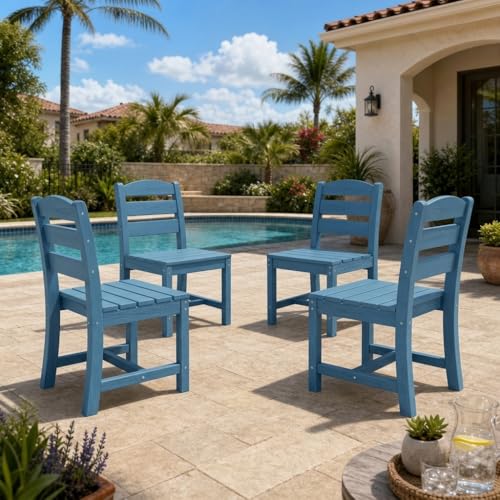 Image of SERWALL Outdoor HDPE Armless Dining Chairs Set of 4,All-Weather Use,Blue | Weather-resistant dining chairs resist fading and cracking, with armless design for comfortable outdoor seating.
