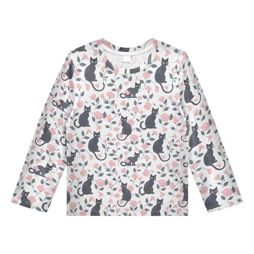 Cute Cat Rose Pattern Boys Rash Guard Swim Shirts Long Sleeve UPF 50+ Quick Dry Sun Protection Shirt Swimsuit Surf Tops for Toddler Kid Girl Fishing Swimming Outdoor 3T